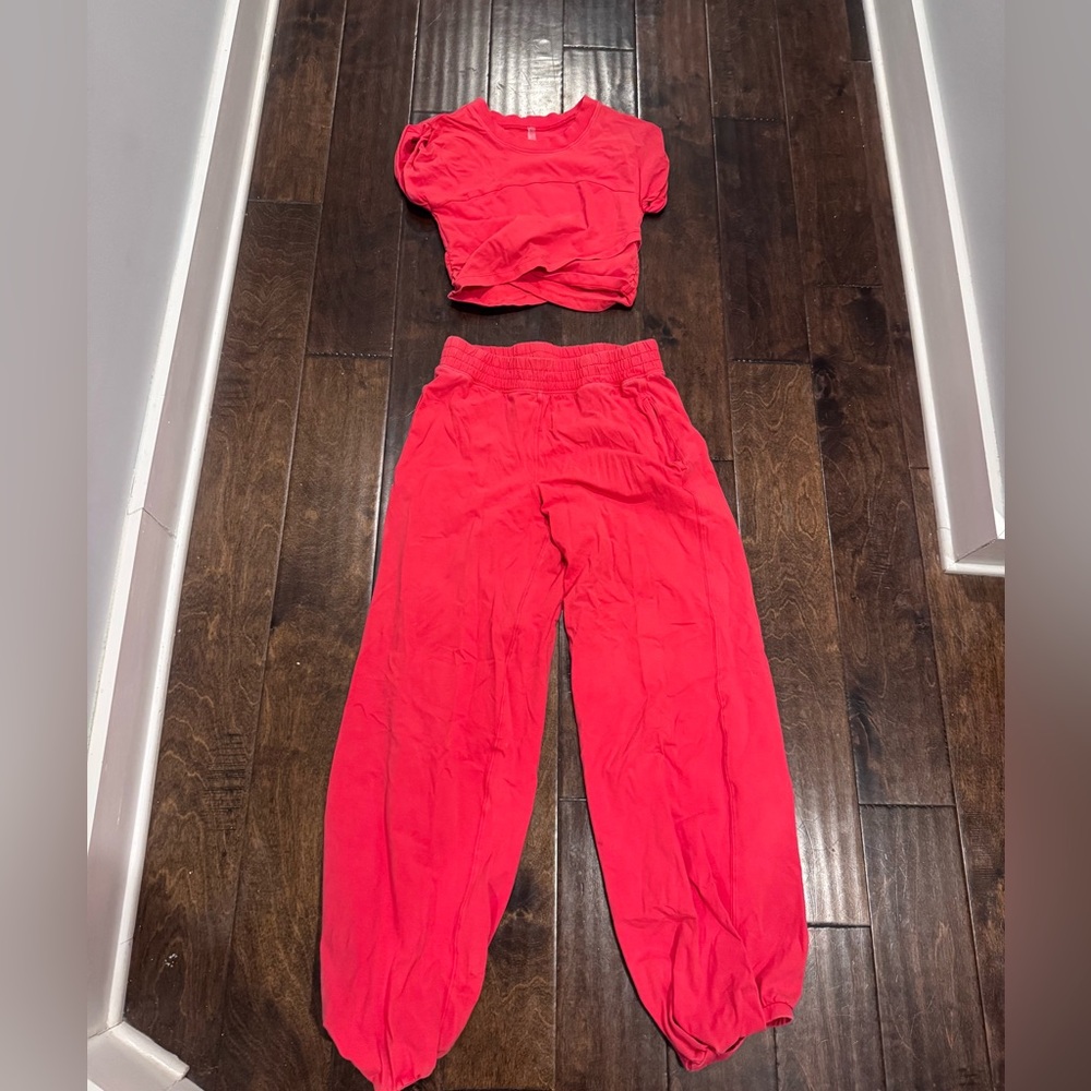 FP Movement by Free People Red Track Pants & Crop Tee Set